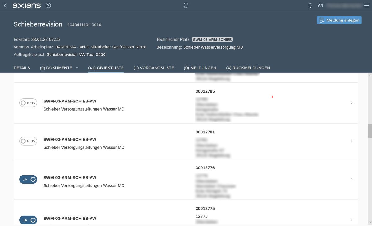 Screenshot Inspektions-Checkliste für die Schieber Revision in NEO Mobile